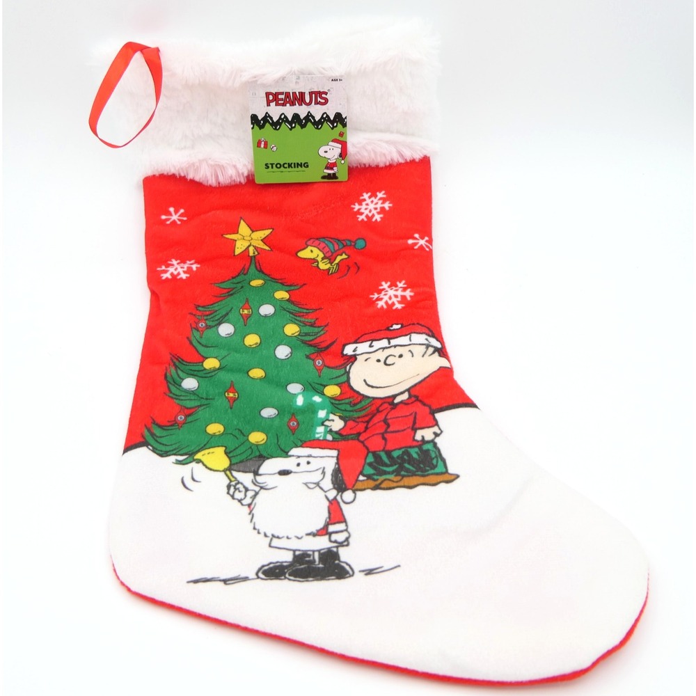 Kcare Peanuts Snoopy Charlie Brown & Woodstock Christmas Stocking Plush Cuff 18"